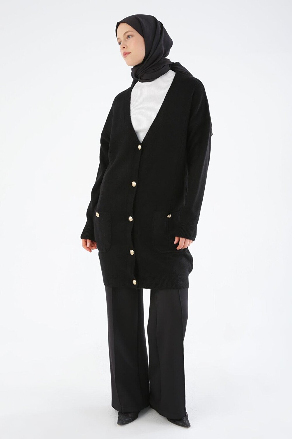 

Черный вязаный кардиган с V-образным вырезом и карманами ALL DAY