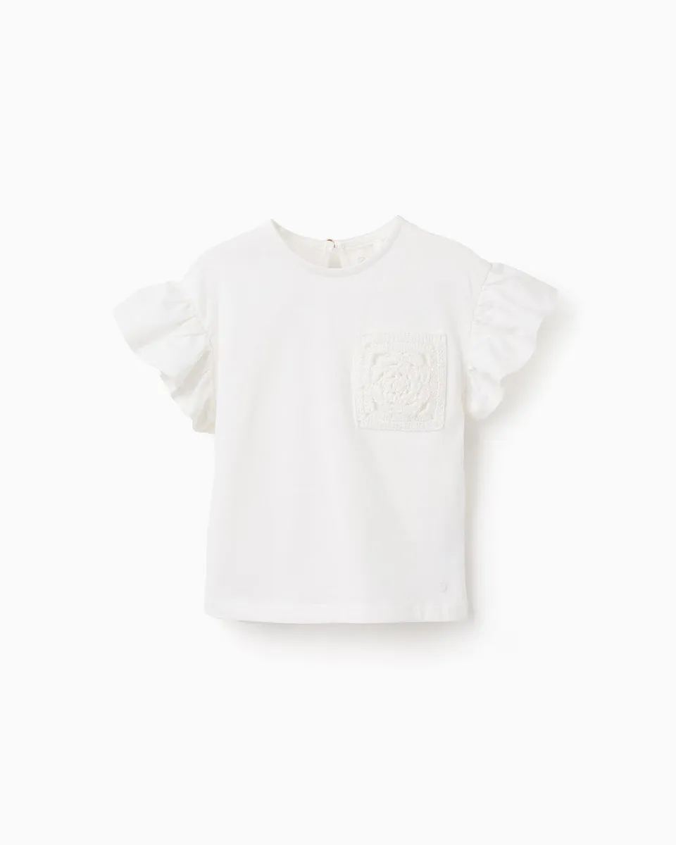 

Футболка для девочки с короткими рукавами и карманом, связанным крючком Zippy, белый