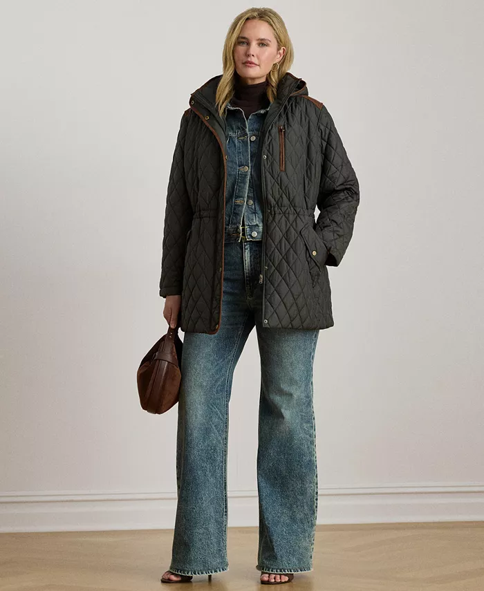 

Стеганое пальто-анорак с капюшоном больших размеров Lauren Ralph Lauren, зеленый
