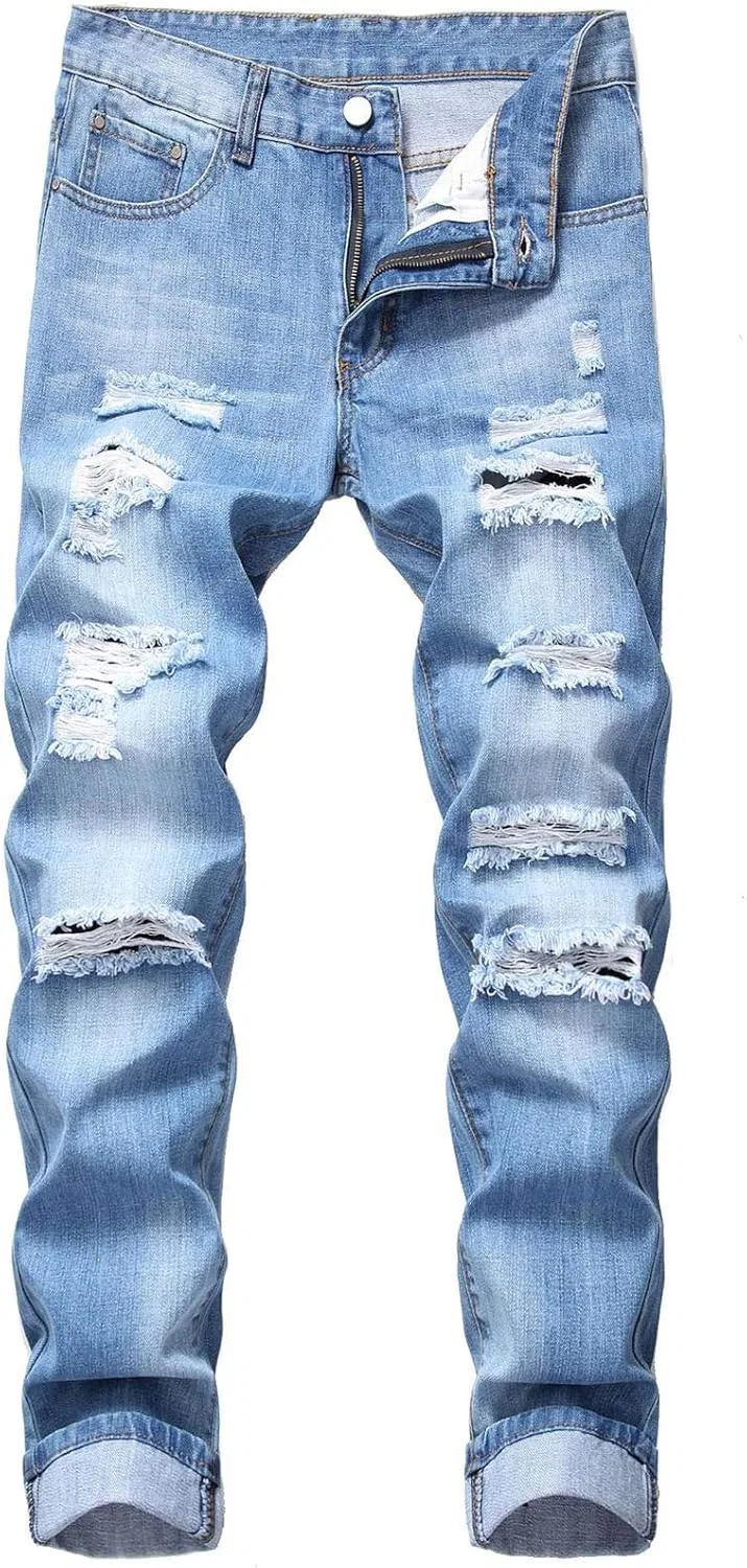 Джинсы, прямые потертые, Light Blue
