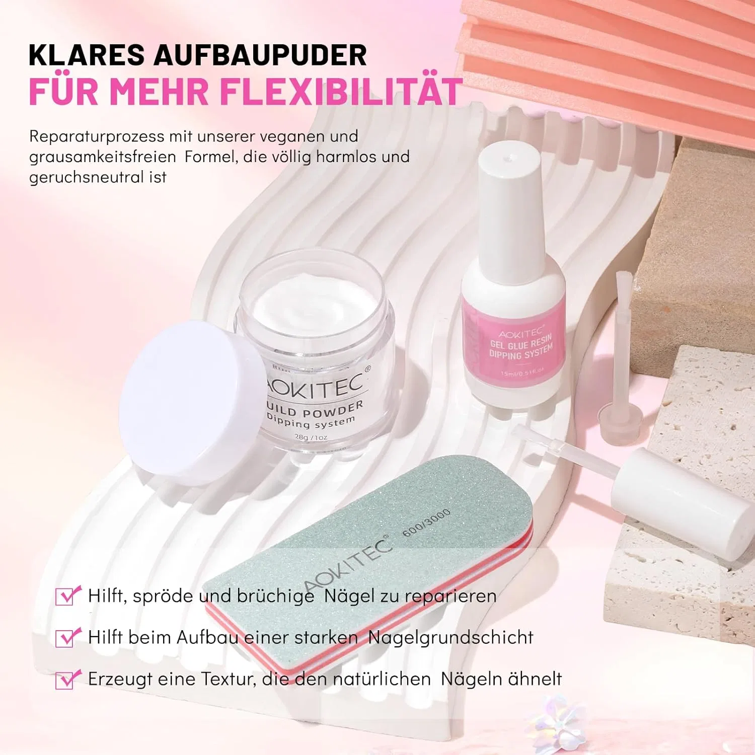Набор для ремонта ногтей Aokitec Dipping Build Powder 28 г с клеем Aokitec, 01 Clear Powder — фото 4