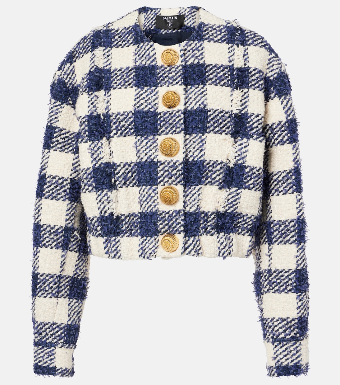 Клетчатый твидовый пиджак Balmain, Marine/Blanc