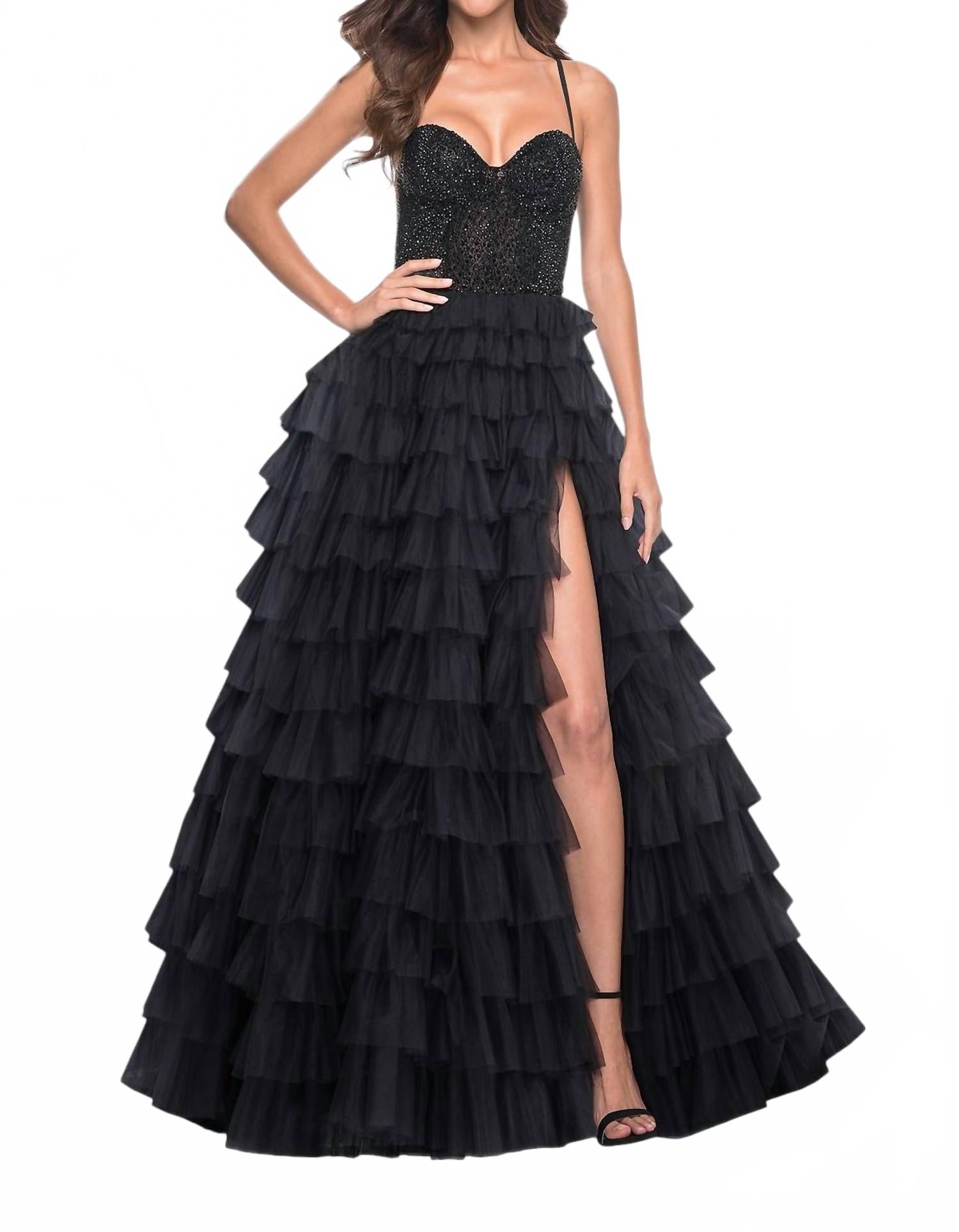 

Черное выпускное платье с корсетом из стразов и пышной юбкой с рюшами La Femme