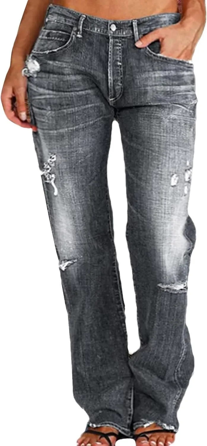 

Женские рваные джинсы прямого кроя с потертостями и необработанным краем