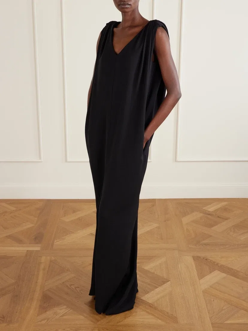 Длинное платье из креповой ткани, смесовой шелк и шерсть, с драпировкой BALENCIAGA, черный — фото 2