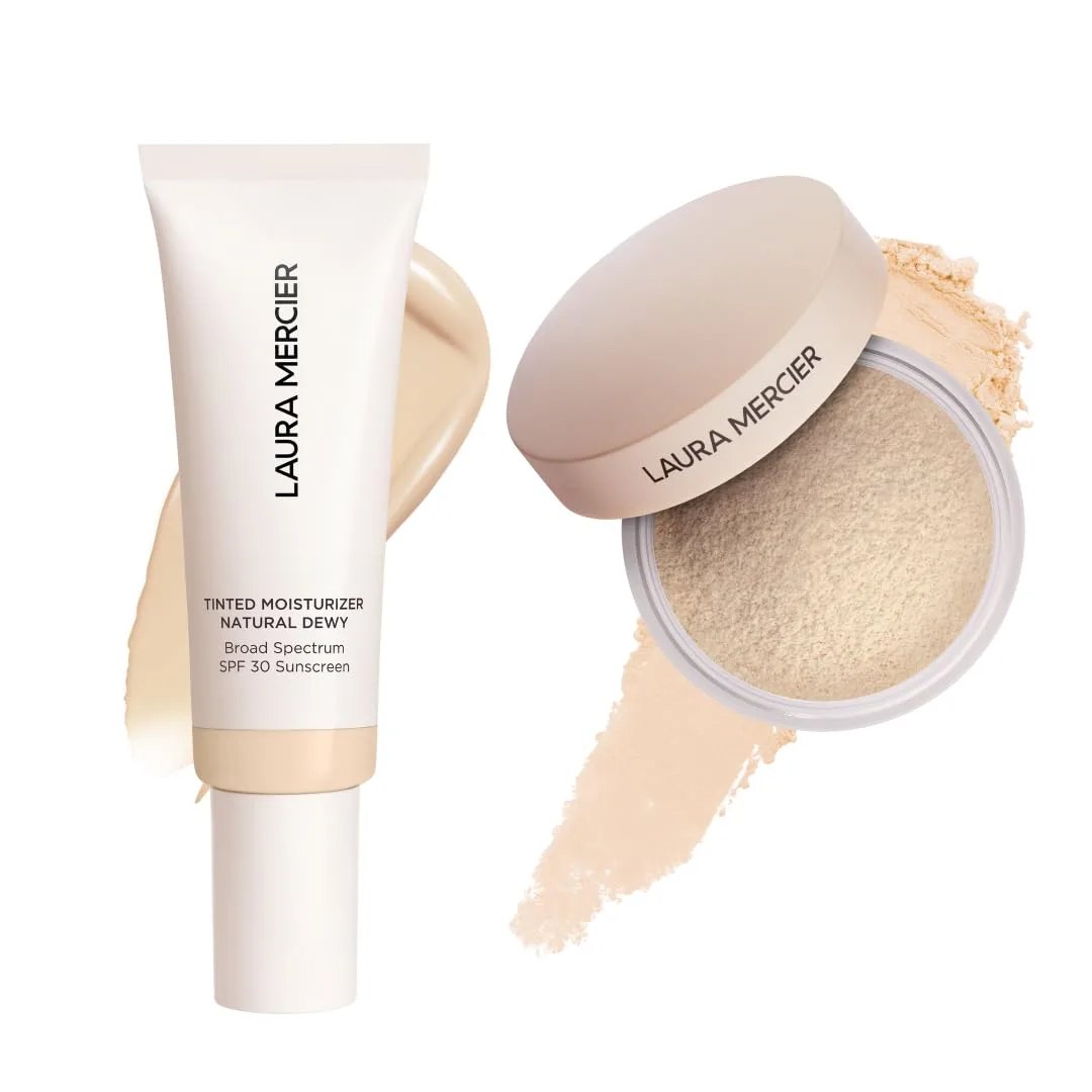 Laura Mercier тонирующий увлажняющий крем Natural Dewy с SPF 30, 24-часовая гидратация, оттенок 0N Silk и рассыпчатая пудра Ultra-Blur с гиалуроновой кислотой, оттенок Translucent