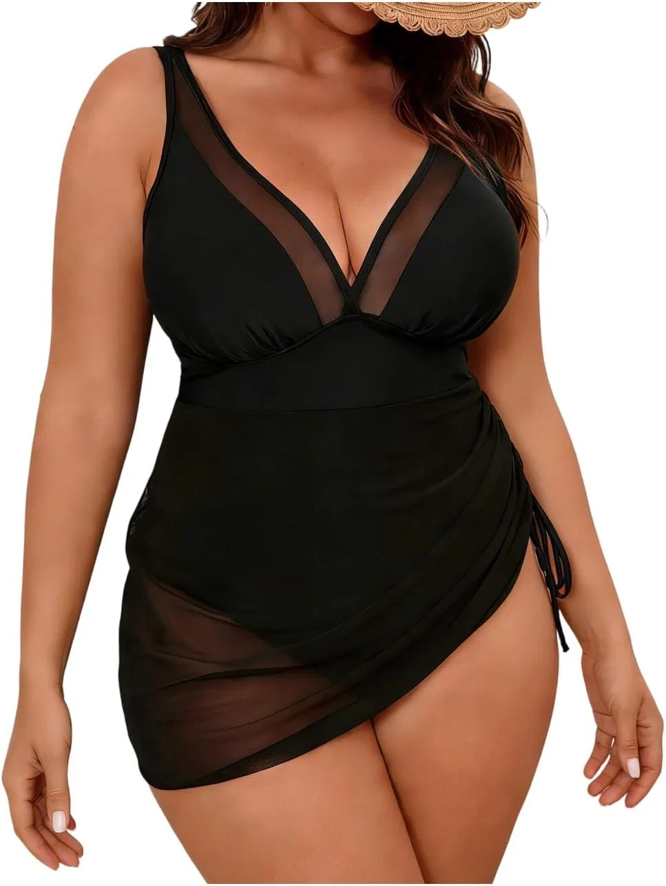 Женский купальник платье Plus Size с эффектом контроля живота, плиссированный, с сеткой и юбкой Generic, черный