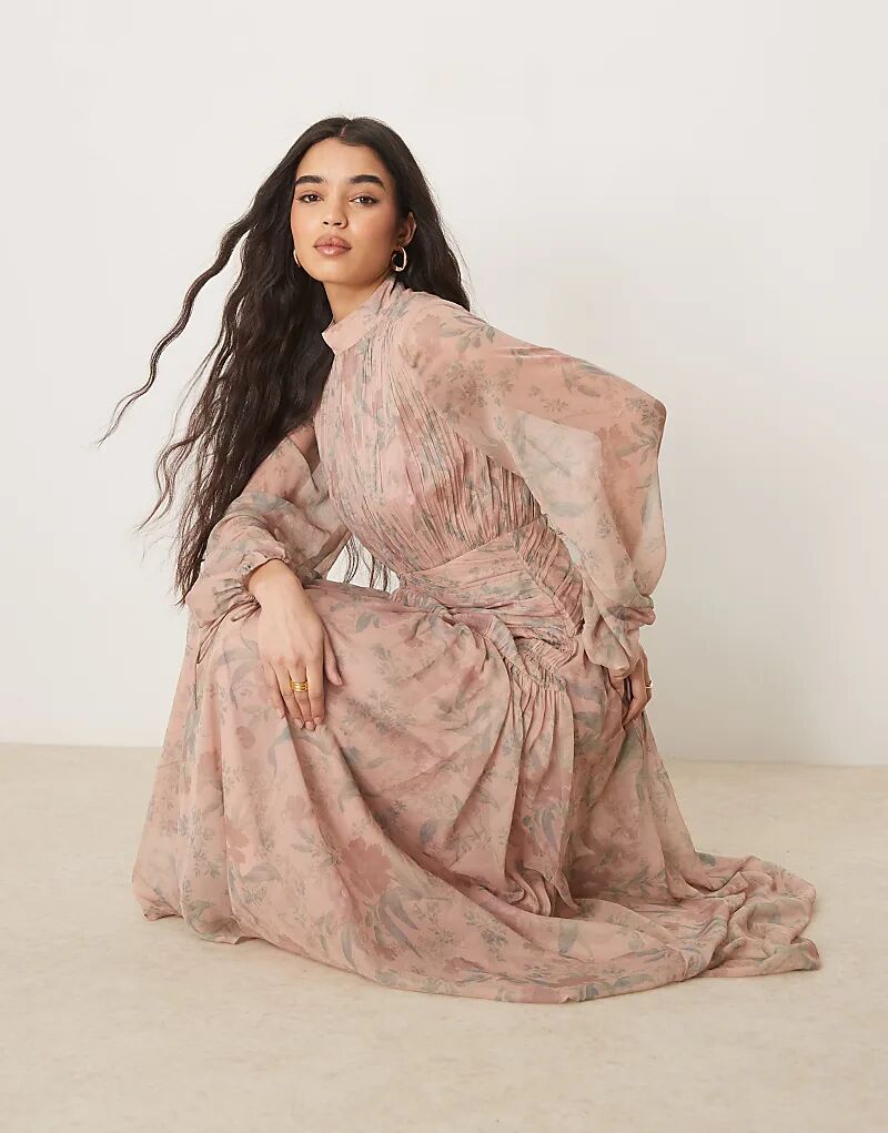 

Платье макси ASOS DESIGN с высоким воротом, сборками и шевронными деталями, с размытым розовым цветочным принтом
