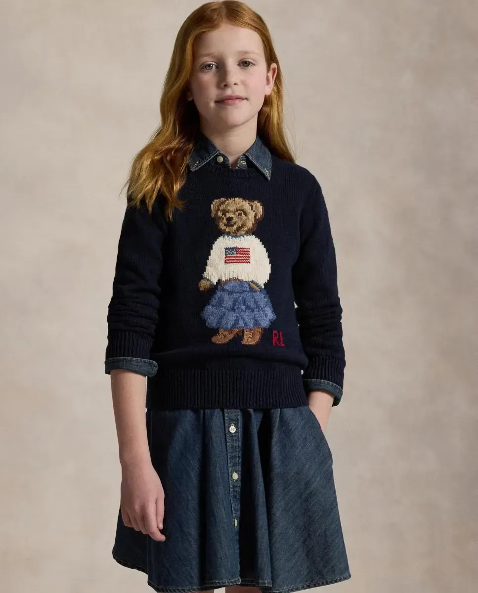 Детский джемпер с круглым вырезом и медвежонком Polo Polo Ralph Lauren, темно-синий