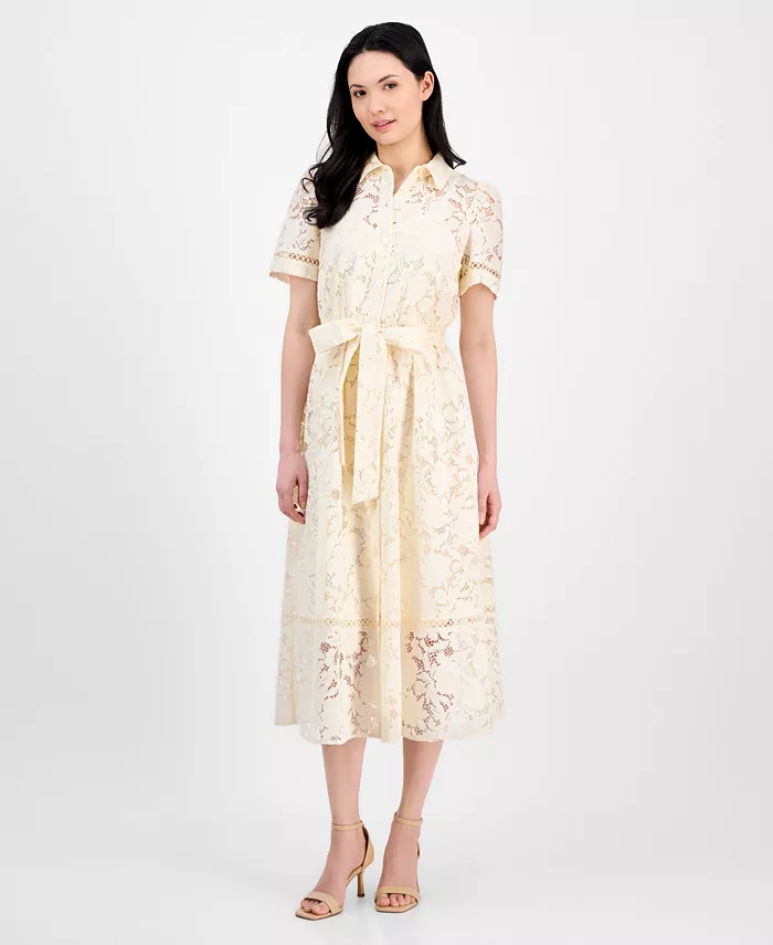 

Женская блуза-платье с цветочным кружевом и завязкой на талии Anne Klein, слоновая кость/кремовый