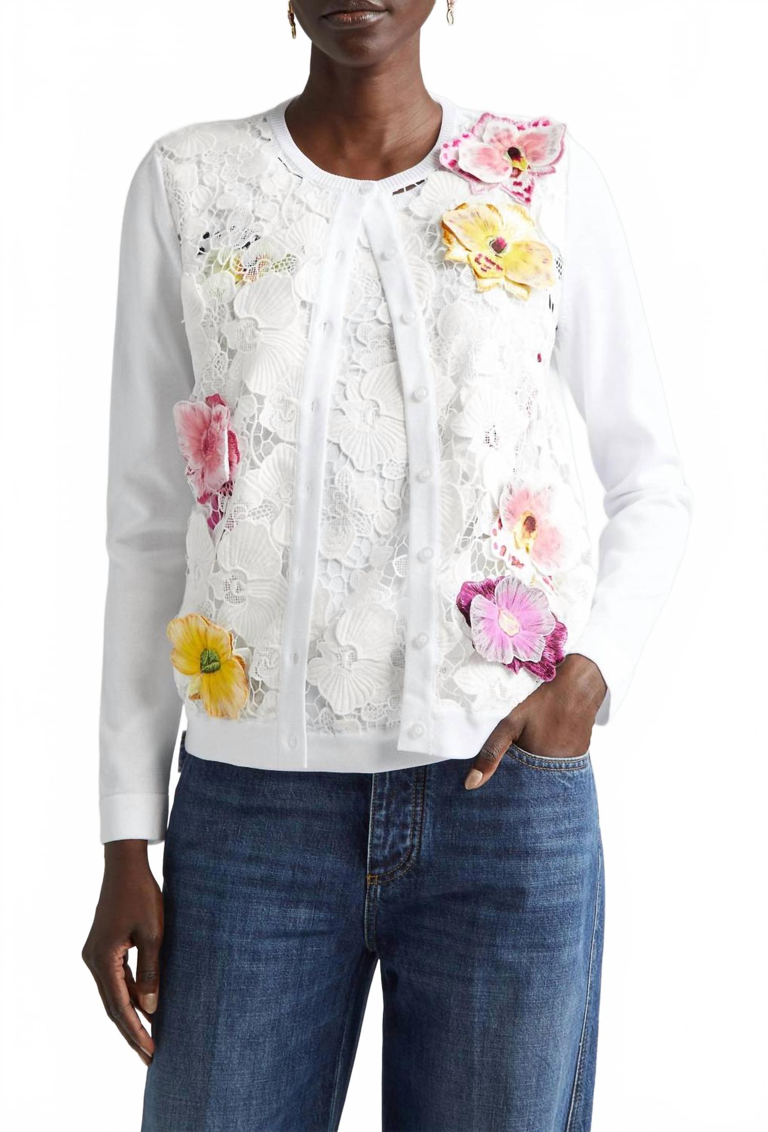 

Длинный кардиган с рукавами и вышивкой орхидеи на кружеве в бело-многоцветном исполнении Oscar de la Renta