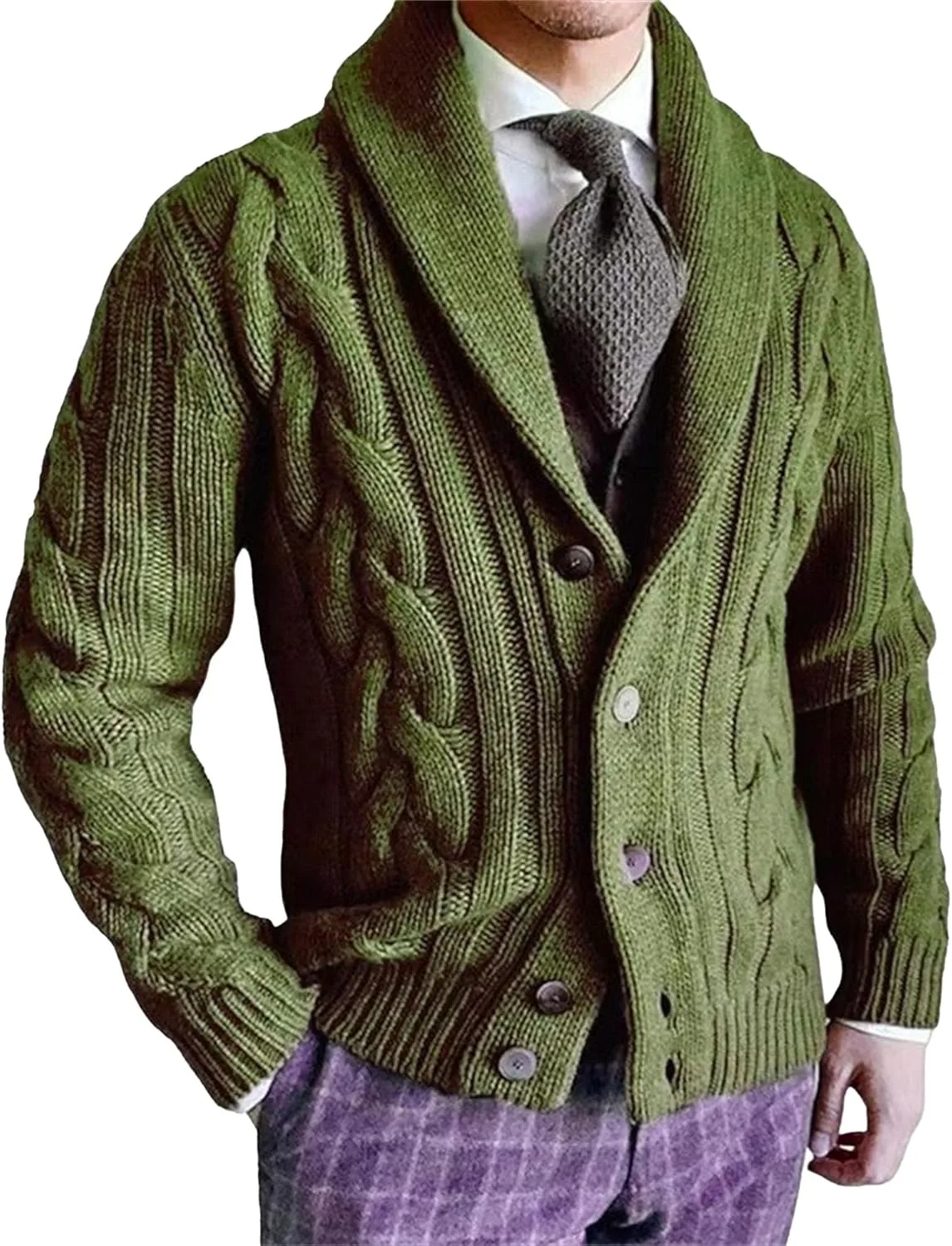 

Мужской кардиган с шалью, свободный крой, кабельная вязка SWJGLITTR