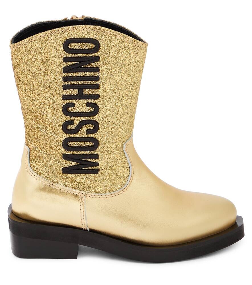 Ковбойские сапоги из кожи с блестками и логотипом Moschino, золотой — фото 3
