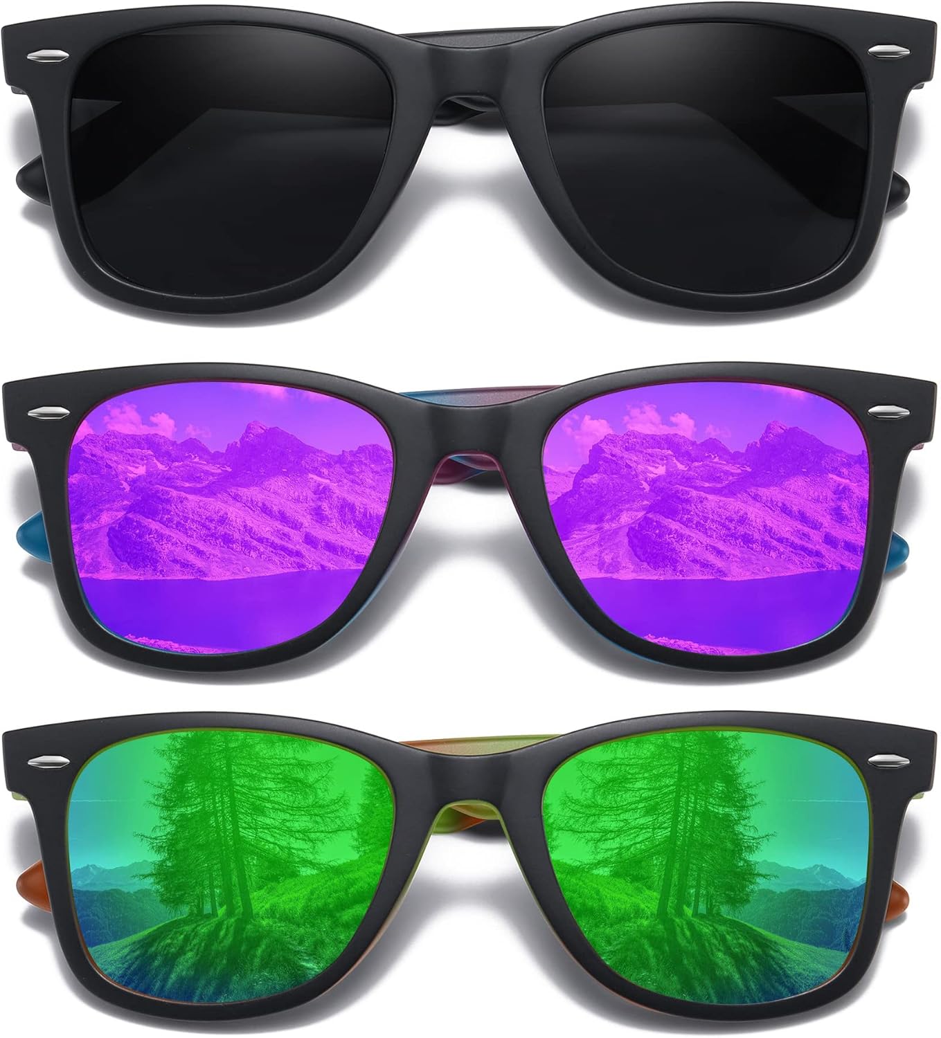 

Солнцезащитные очки MEETSUN Retro с поляризованными линзами для женщин и мужчин, классические зеркальные линзы, стильные очки для вождения, защита от УФ-излучения (3 шт.), 3 Pack Black/Purple Blue/Green Orange