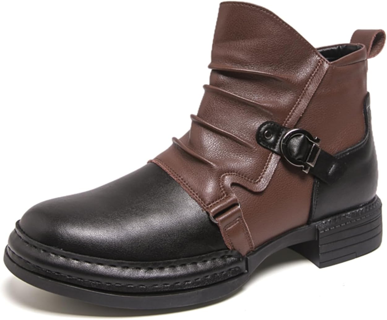 

Мужские кожаные ботинки-слипоны Chelsea на низком каблуке с пряжкой, боковой молнией, для бизнеса, офиса, вождения, с круглым носком, мягкие, легкие, дышащие, с нескользящей подошвой для работы и повседневной носки Tengfeifly, черный