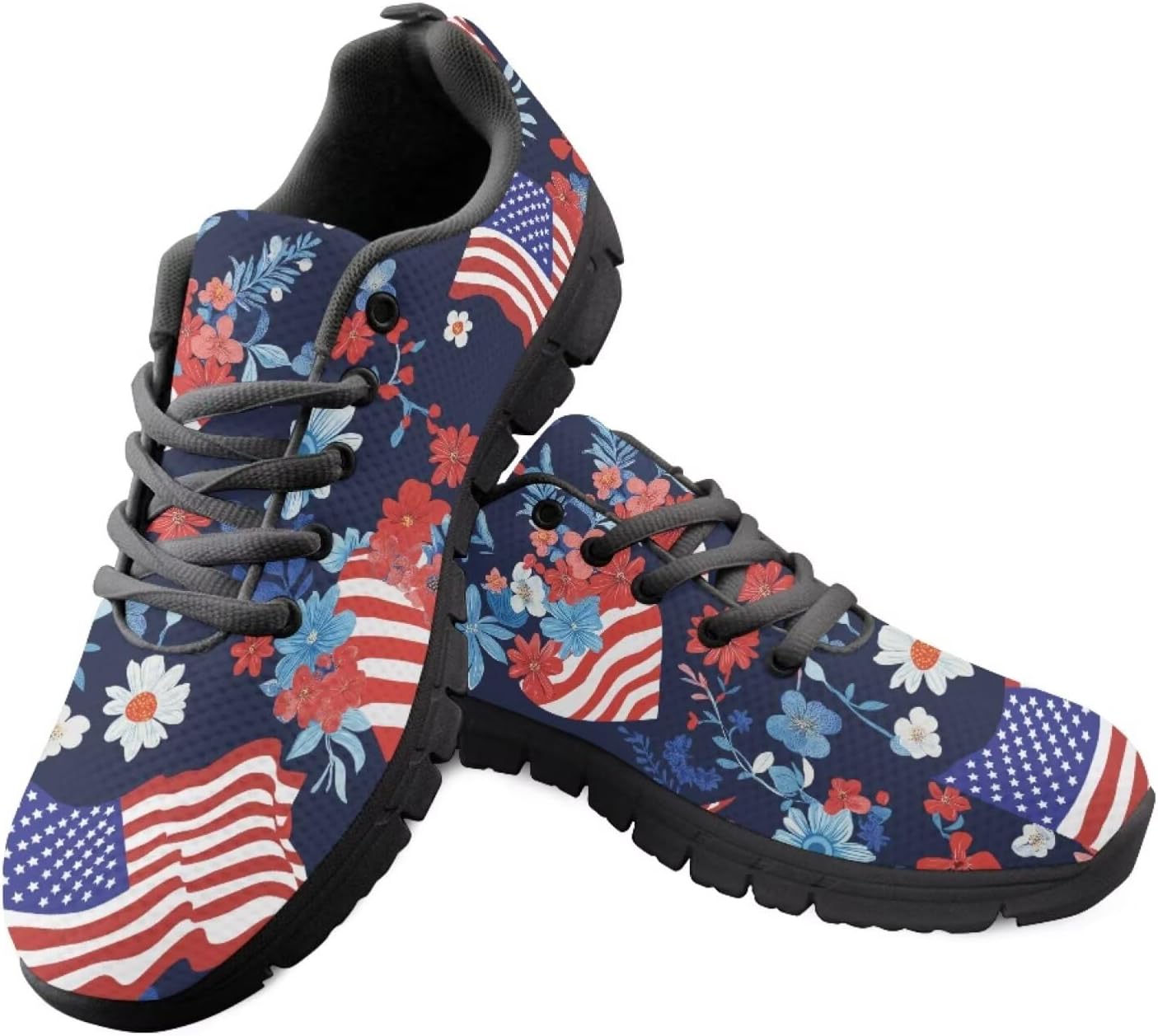 

Женские модные кроссовки Jeiento с американским флагом для мужчин и женщин, повседневные спортивные кроссовки на шнуровке и без шнурков для комфортной ходьбы, American Flag Love Heart Daisy Flower