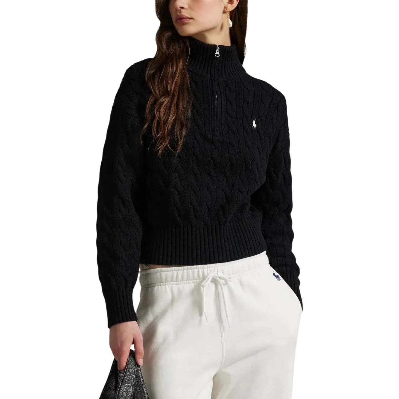 Свитер с кабельной вязкой и полузастежкой-молнией Polo Ralph Lauren, Black — фото 4