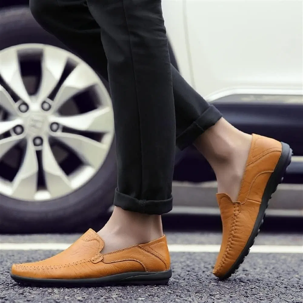Мокасины мужские, кожаные, Loafers, коричнево-желтый SayfuR — фото 4