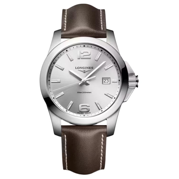 

LONGINES Часы CONQUEST Collection Quartz Movement Unisex Watch 41mm Silver Dial Stainless Steel Case Leather Strap, Silver Dial