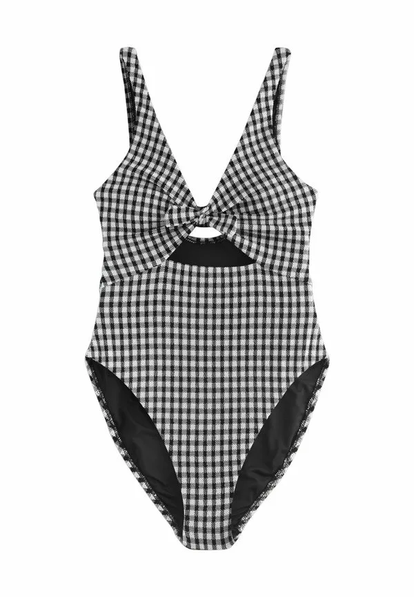 Купальник с глубоким вырезом и эффектом утягивания живота Next, Black White Crinkle Gingham