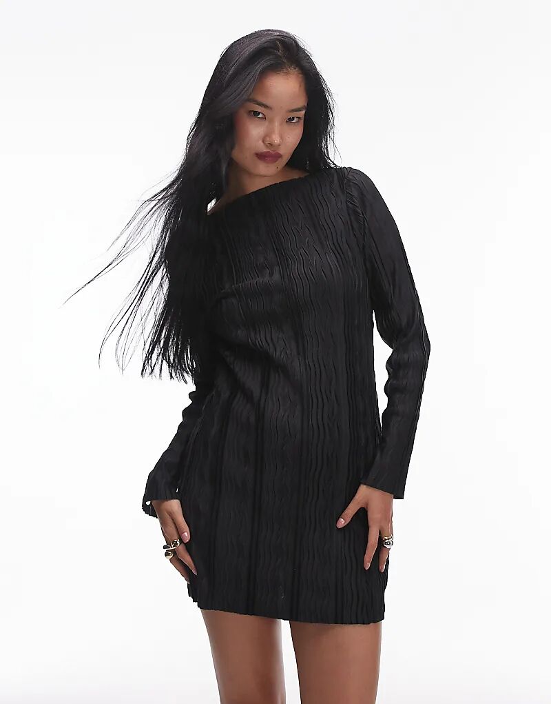 

Мини-платье с длинными рукавами плиссе черного цвета Topshop
