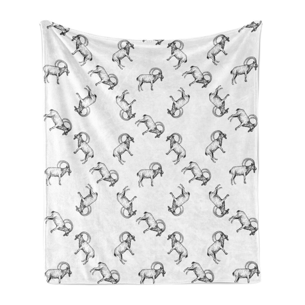 

Мягкое фланелевое флисовое одеяло ABAKUHAUS Goat, эскиз горного козла, уютный плюш для использования в помещении и на открытом воздухе, 125 x 175 см, белый и темно-серый