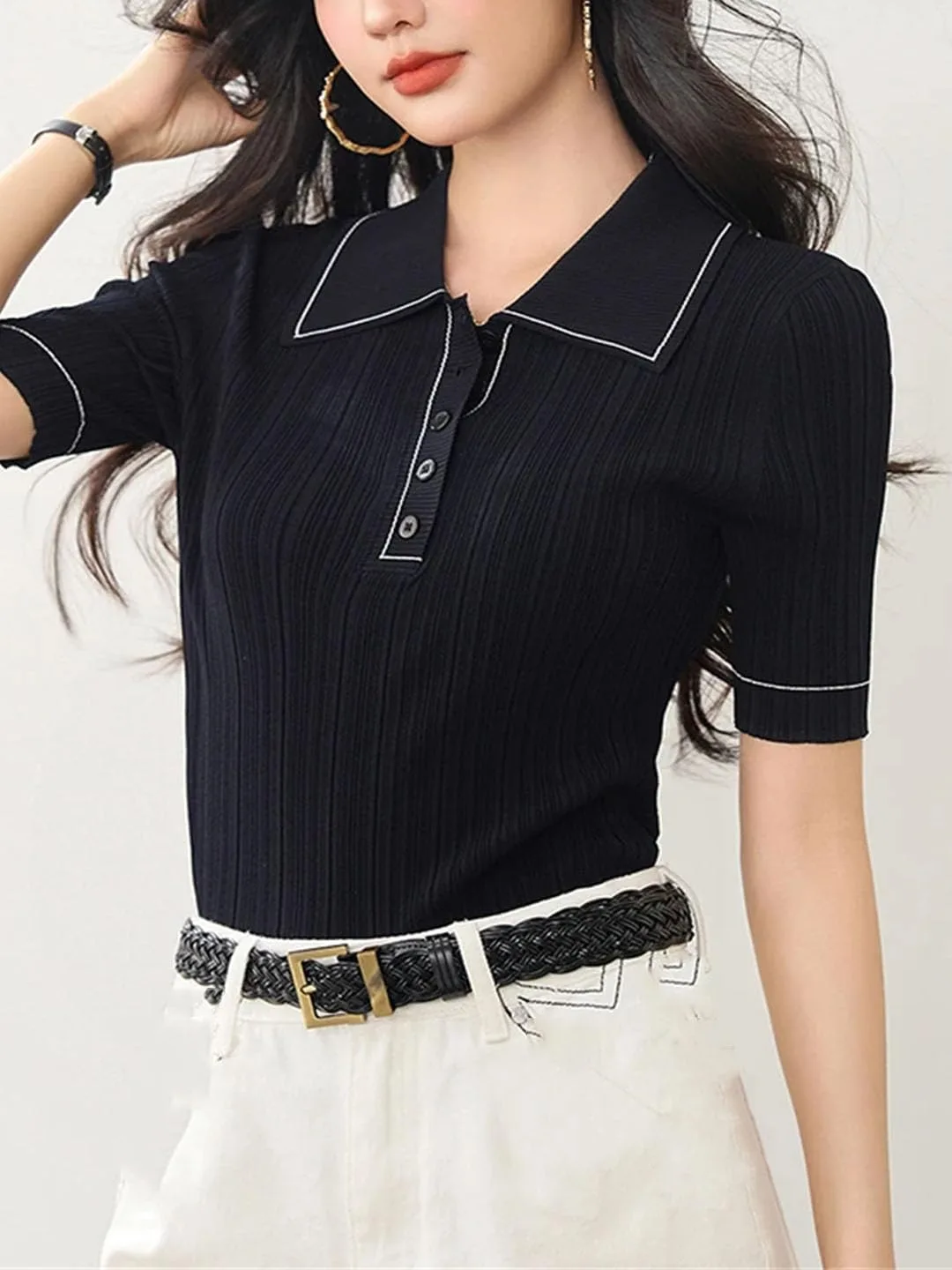Женская футболка с контрастным воротником, короткий рукав, slim fit — фото 3