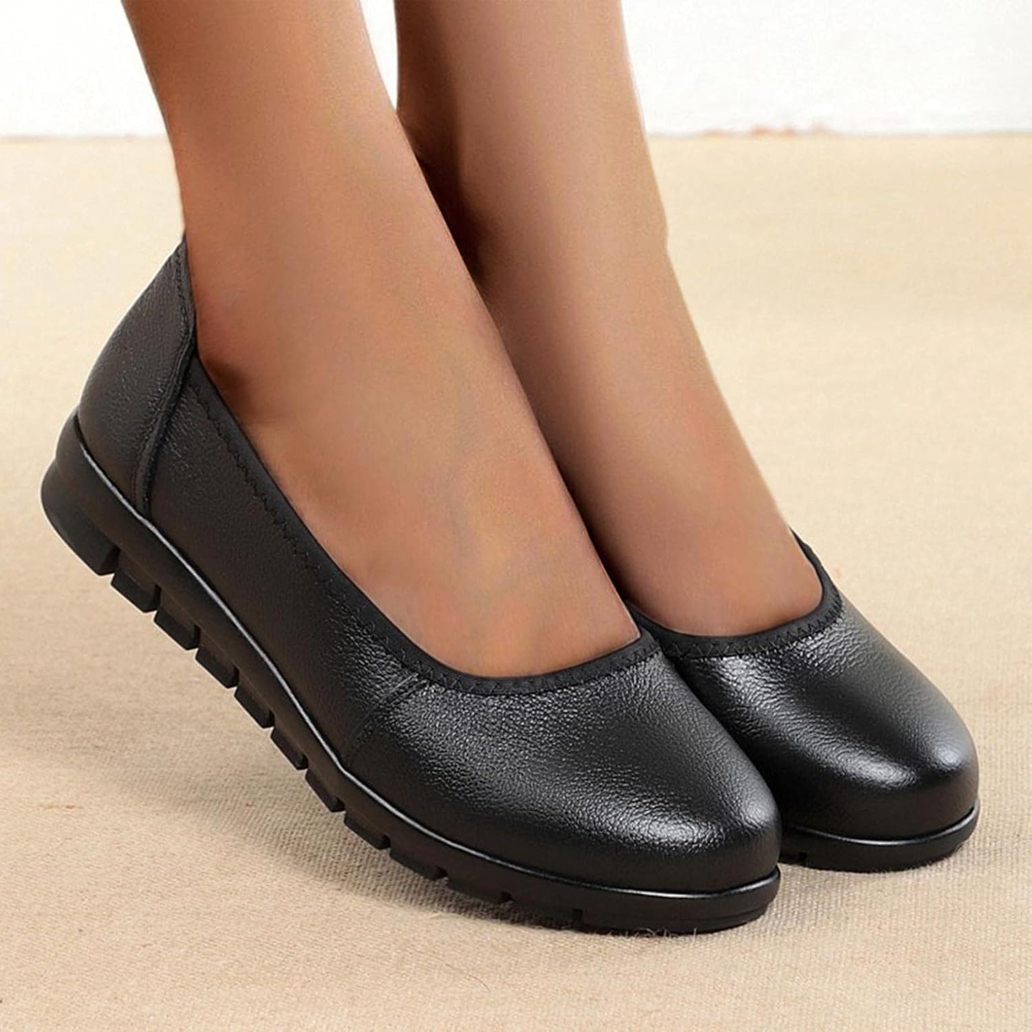 Женские лоферы Hbeylia Slip On для ходьбы, повседневные мягкие удобные кожаные туфли с круглым носком, черный — фото 2