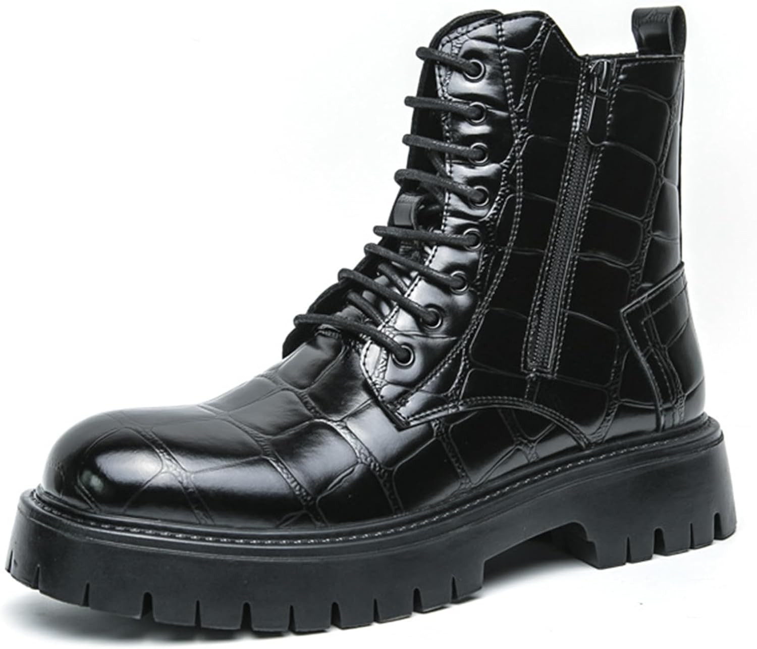 

Мужские кожаные ботинки с боковой молнией, военные стильные, с узором под крокодила, платформой и рифленой подошвой, с круглым носком, оксфорды для делового и повседневного ношения Bangteuo, черный