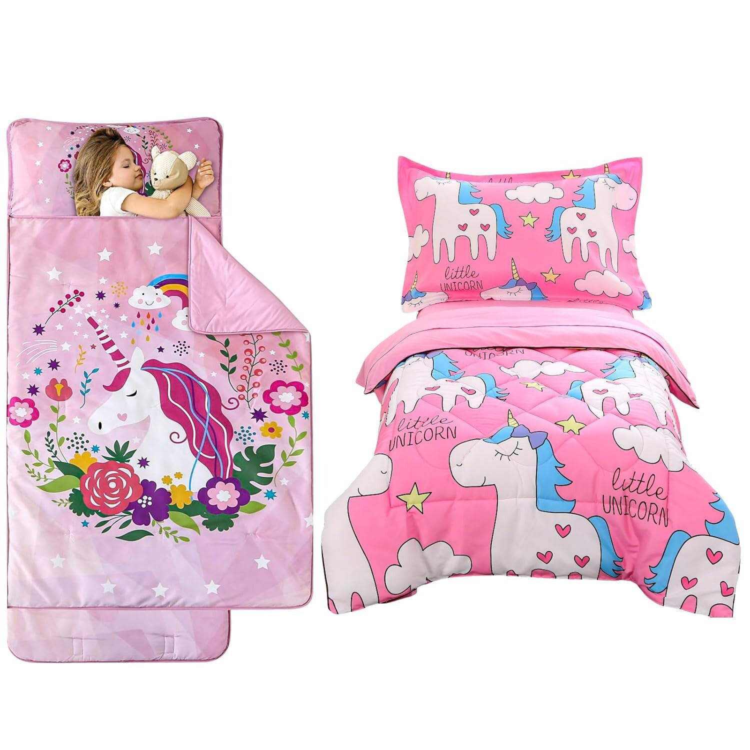 

Wowelife Комплекты постельного белья для девочек для девочек 4 шт. Комплект постельного белья для малышей с единорогом Коврик для сна для малышей со съемной подушкой и флисовым одеялом