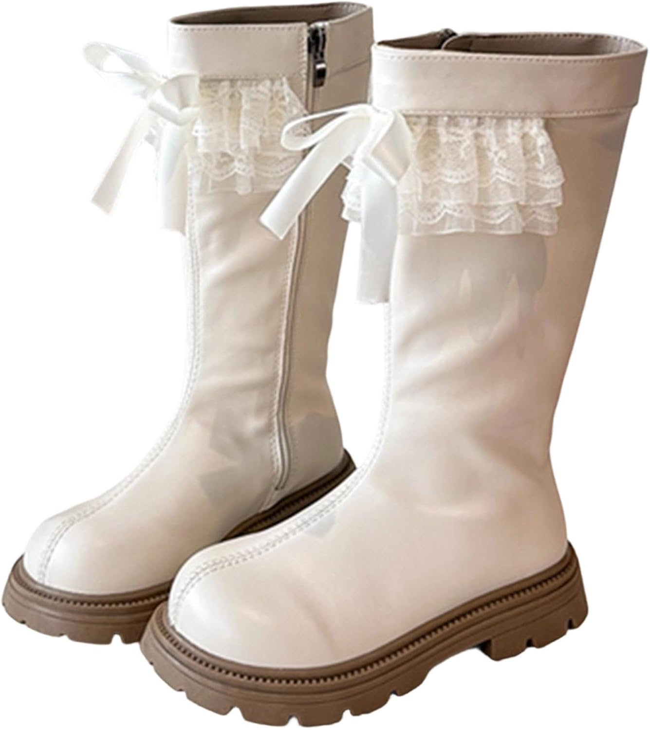 

Детские зимние ботинки для девочек до середины икры, вязаные, с флисовой подкладкой, высокие до колена, с боковой молнией, модные панк-башмачки из кожи, для детей 3-12 лет Generic, 10-Beige