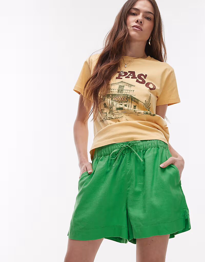 

Льняные шорты Topshop с высокой талией и завязками зеленого цвета