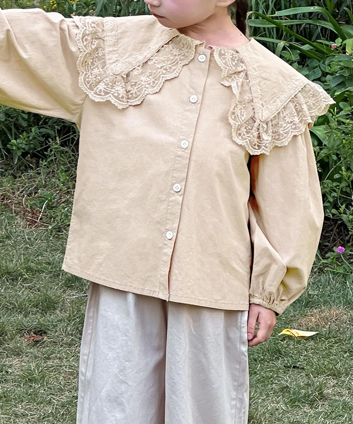Хлопковая блузка с кружевным воротником Aimoha Kids, Light beige