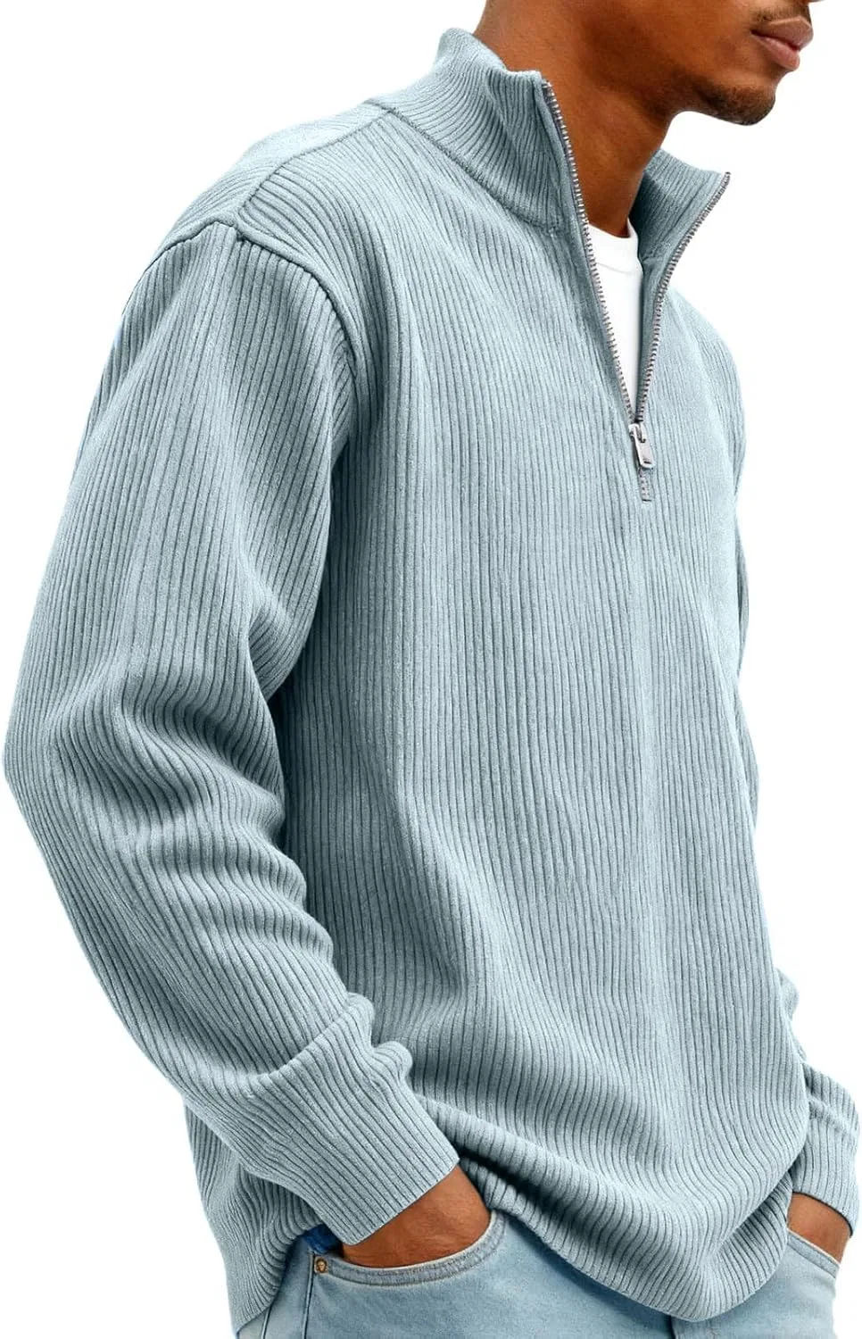 Мужской свитер с воротником-стойкой, Corduroy, бренд Generic, цвет sky Blue — фото 4