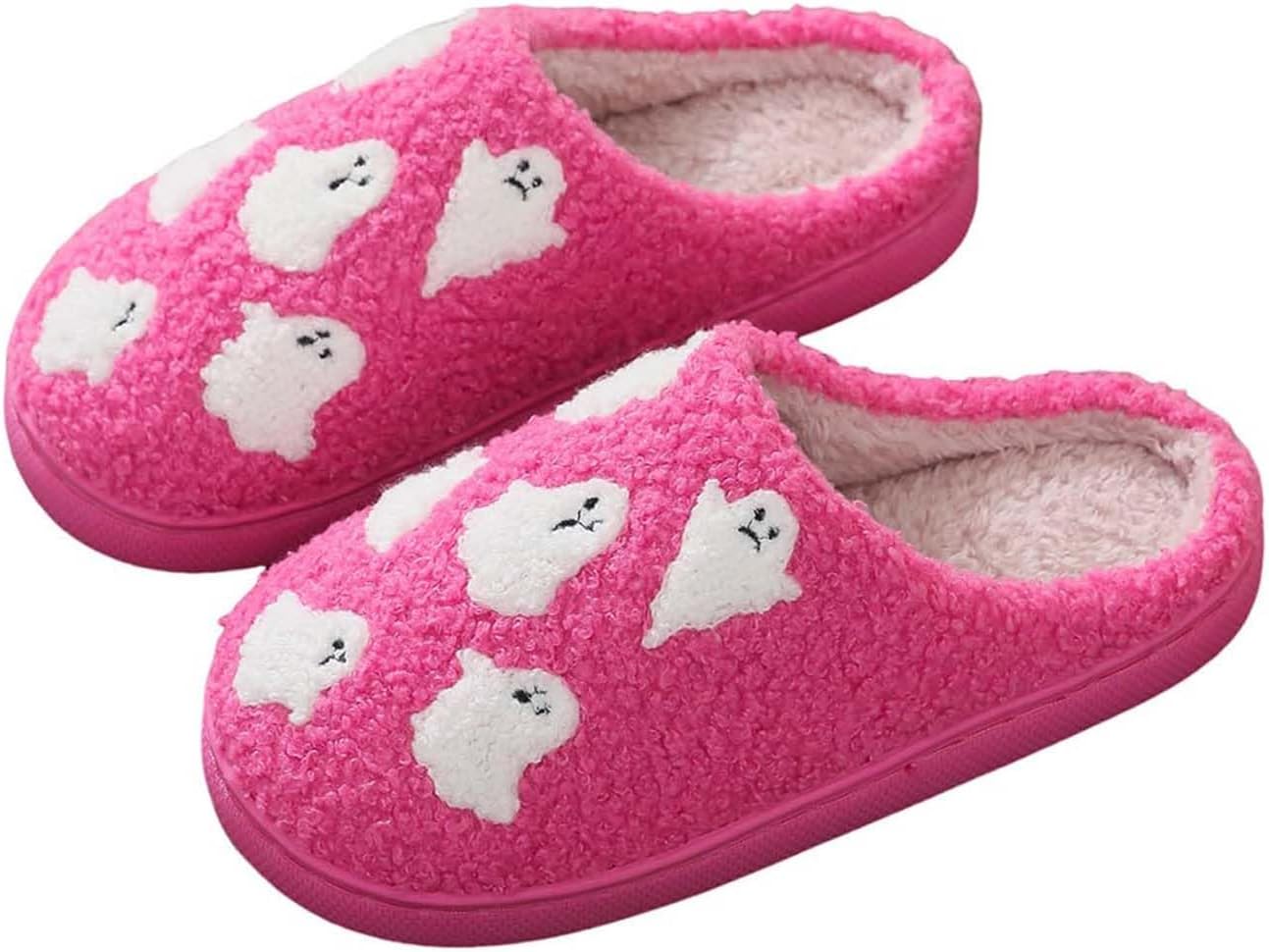 

Домашние тапочки на Хэллоуин для женщин и мужчин, нескользящие, теплые, пушистые, с меховой подкладкой, из мягкой плюшевой ткани с эффектом памяти, для зимы, дома и на улице, модные, с оригинальным рисунком Призрачного лица Lghlmcl, розовый