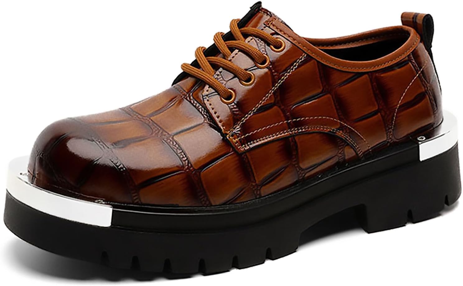 

Мужские туфли-оксфорды на платформе из лакированной кожи с металлической пластиной, круглый носок, шнуровка, массивный каблук, дерби, повседневные туфли с противоскользящей подошвой для офиса и деловой работы Bwseobg, коричневый