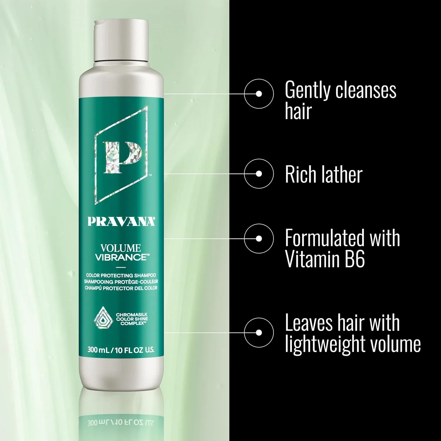 Шампунь Pravana Volume Vibrance для придания легкого объема и пышности тонким окрашенным волосам, укрепляет, утолщает, уменьшает ломкость, Chromasilk усиливает блеск и защиту, Vegan — фото 2