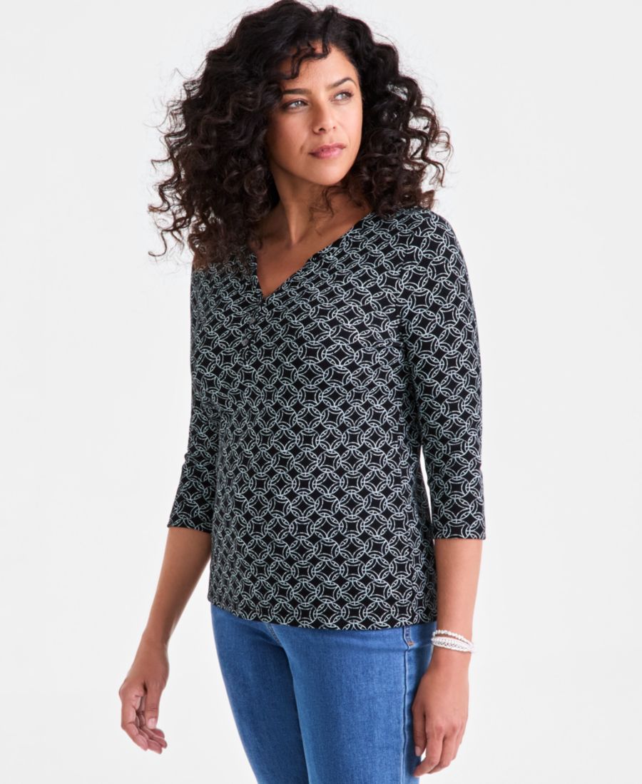 

Женская трикотажная футболка-поло с принтом и рукавами 3/4 Style & Co, Deep Black