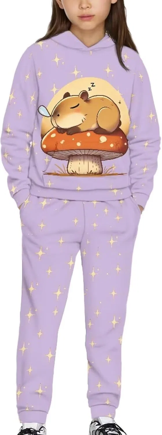 Детский спортивный костюм с капюшоном, Cute Capybara With Mushroom Print, 2 предмета