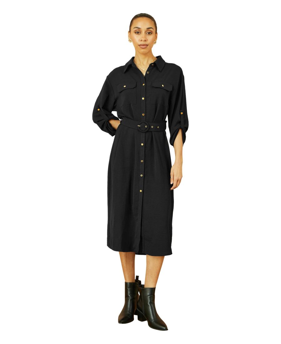 

Женское платье-рубашка миди с рукавами 3/4 и поясом Yumi, Black