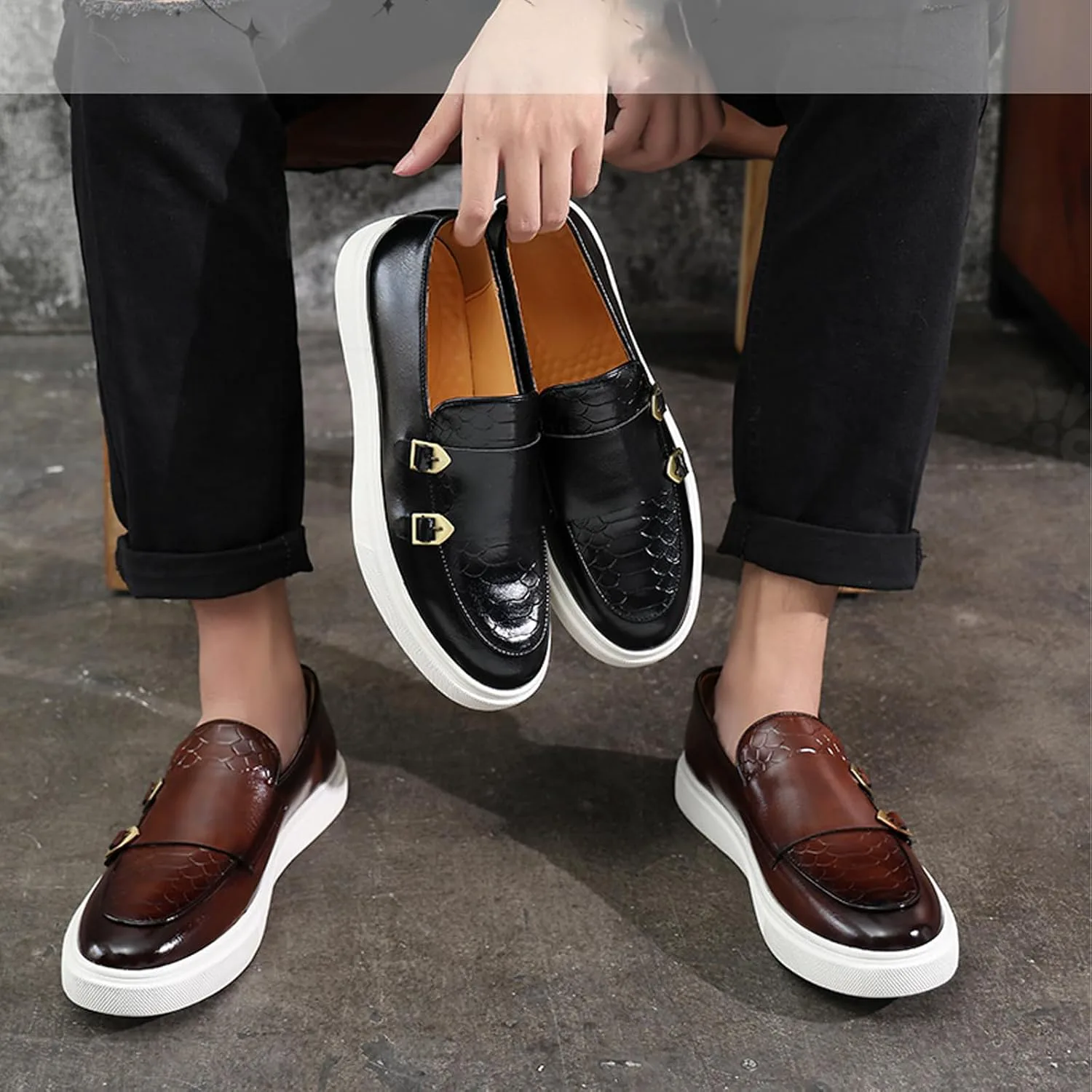 Мужские туфли с двойной пряжкой Monk Strap, повседневные модные классические деловые лакированные кожаные слипоны, лоферы, туфли Penny Loafers Aceptolcom, коричневый — фото 2