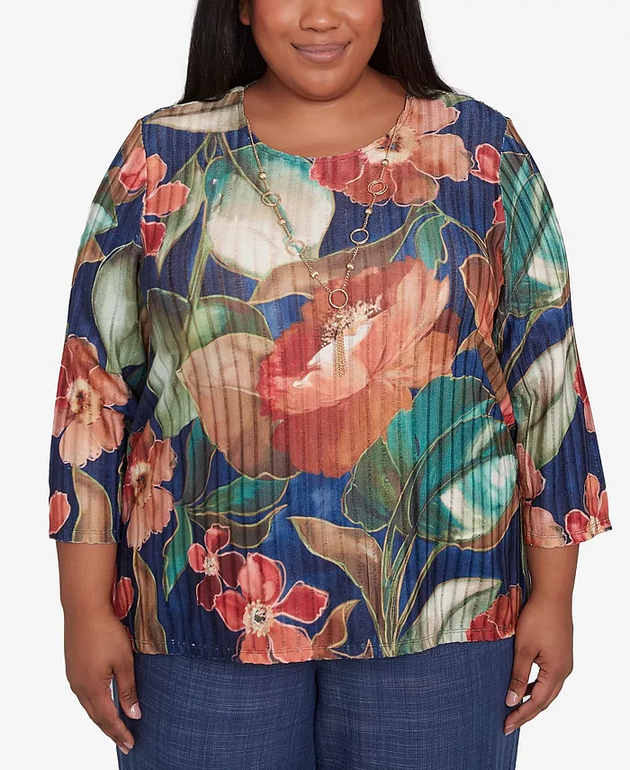 

Летний топ с цветочным принтом и ожерельем размера плюс с принтом «Летнее солнцестояние» Alfred Dunner, мультиколор