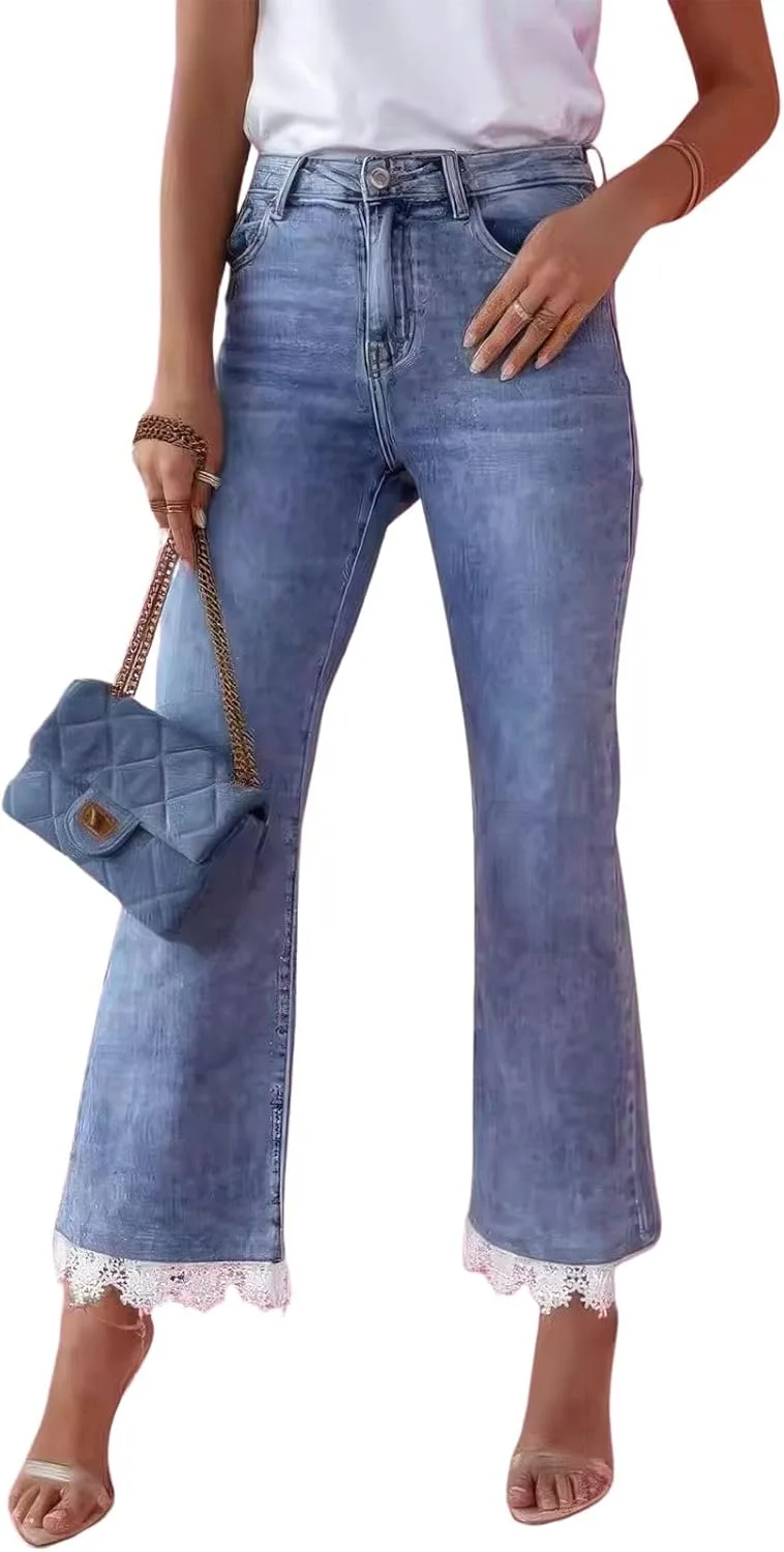 

ebossy женские джинсы bootcut с высокой посадкой и кружевными вставками