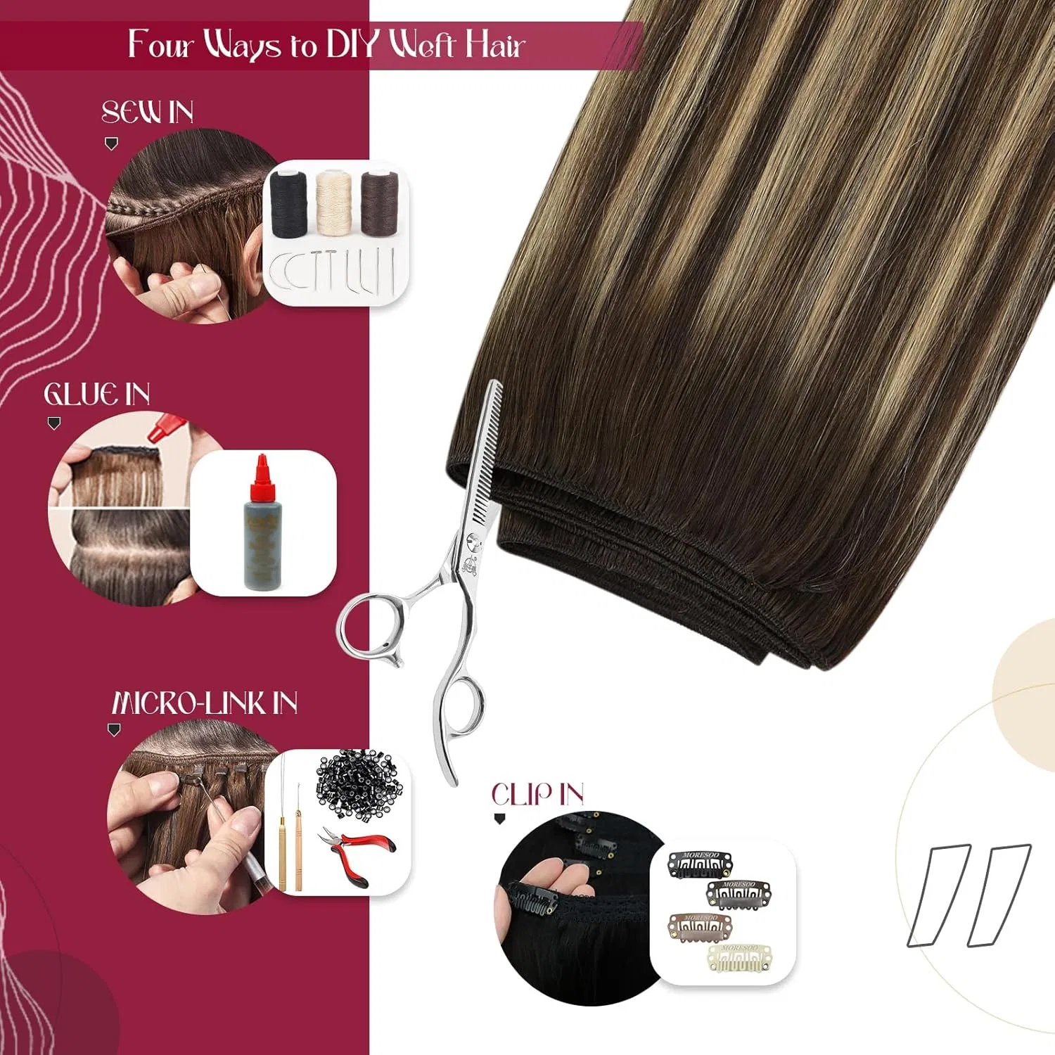 Наращивание волос Vivien Real Hair Wefts Extensions 35 см, темно-коричневый балаяж омбре карамельный блонд, 80 г Vivien, #4/27/4 — фото 3