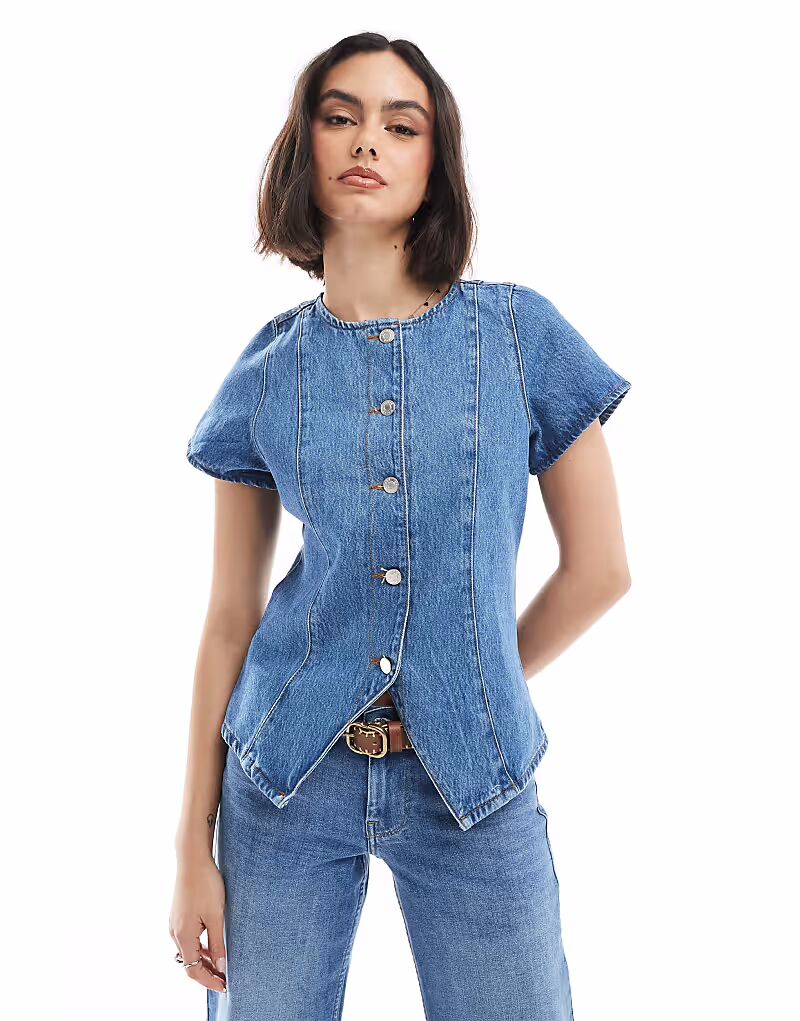 

Джинсовый топ с короткими рукавами и застежкой на пуговицы ASOS DESIGN темно-синего цвета