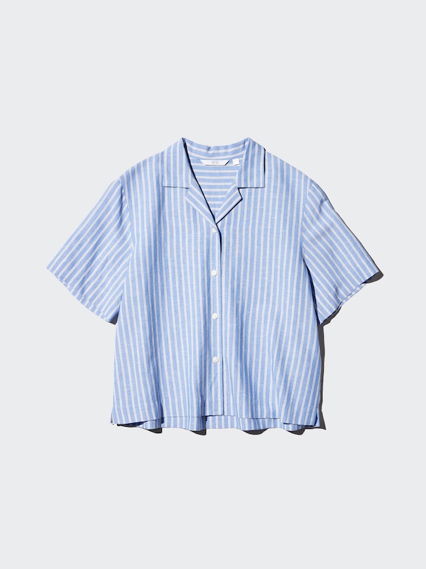 Рубашка из смесового льна с открытым воротником, короткий рукав (в полоску) Uniqlo, 52 green — фото 3