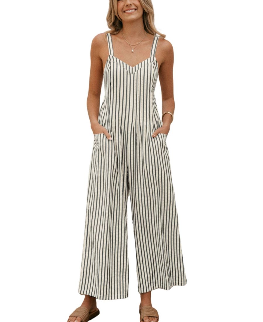 

Женский полосатый комбинезон с присборенной спинкой, вырезом и широкими штанинами Cupshe, Black