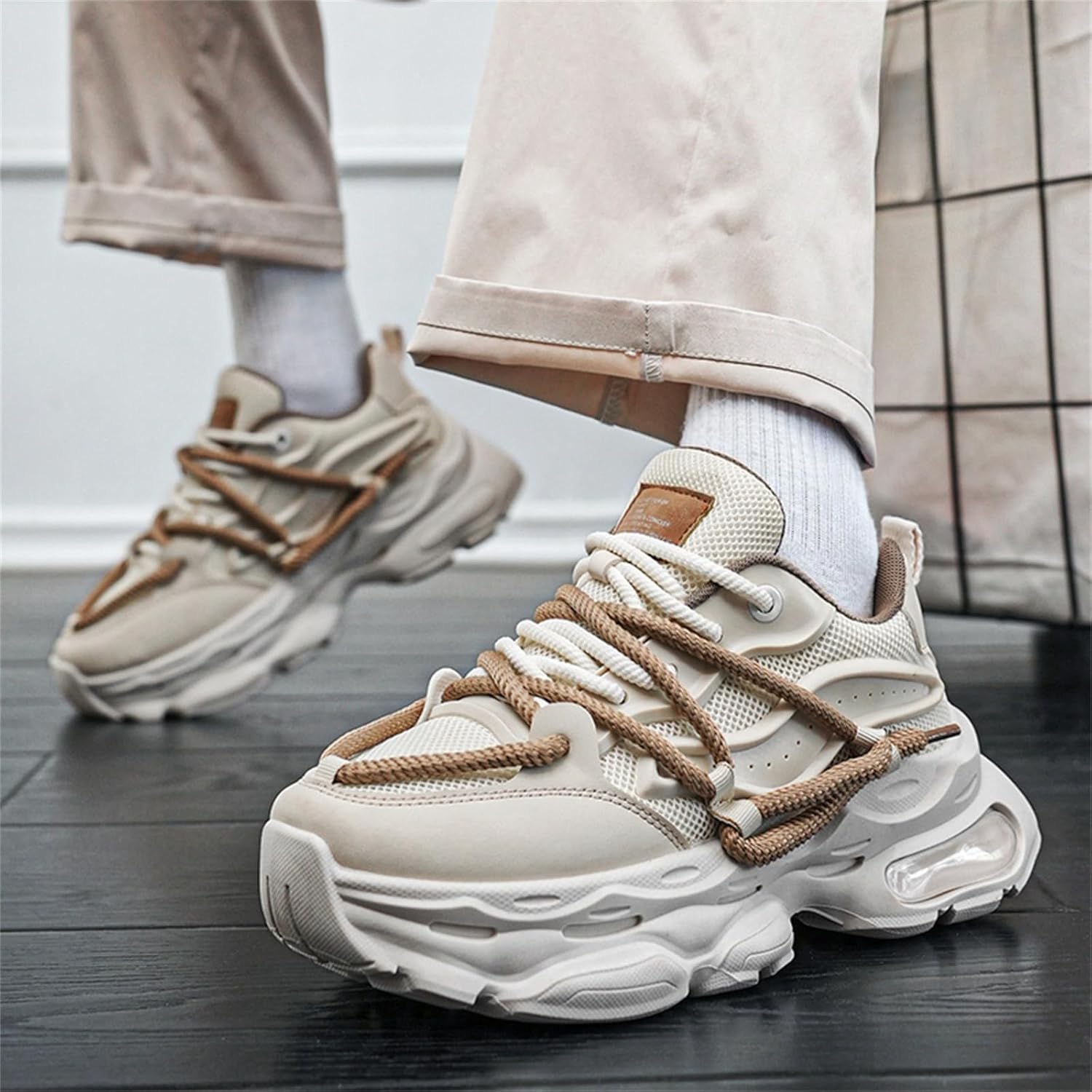 Мужские кроссовки TengfeiFly Platform Dad Sneaker из сетчатой и кожаной поверхности, на шнуровке, повседневные, с массивным каблуком, круглым носком, с воздушной подушкой, легкие, мягкие и дышащие, для прогулок, бега и улицы, бежевый — фото 2