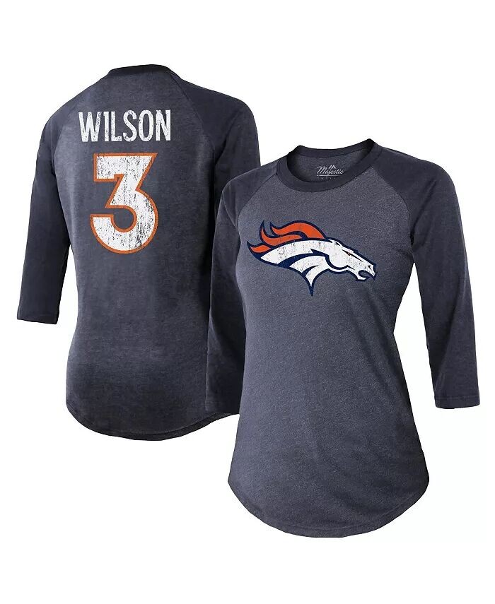

Женская футболка с надписью Russell Wilson Navy Denver Broncos с именем и номером реглан с рукавами 3/4 Majestic