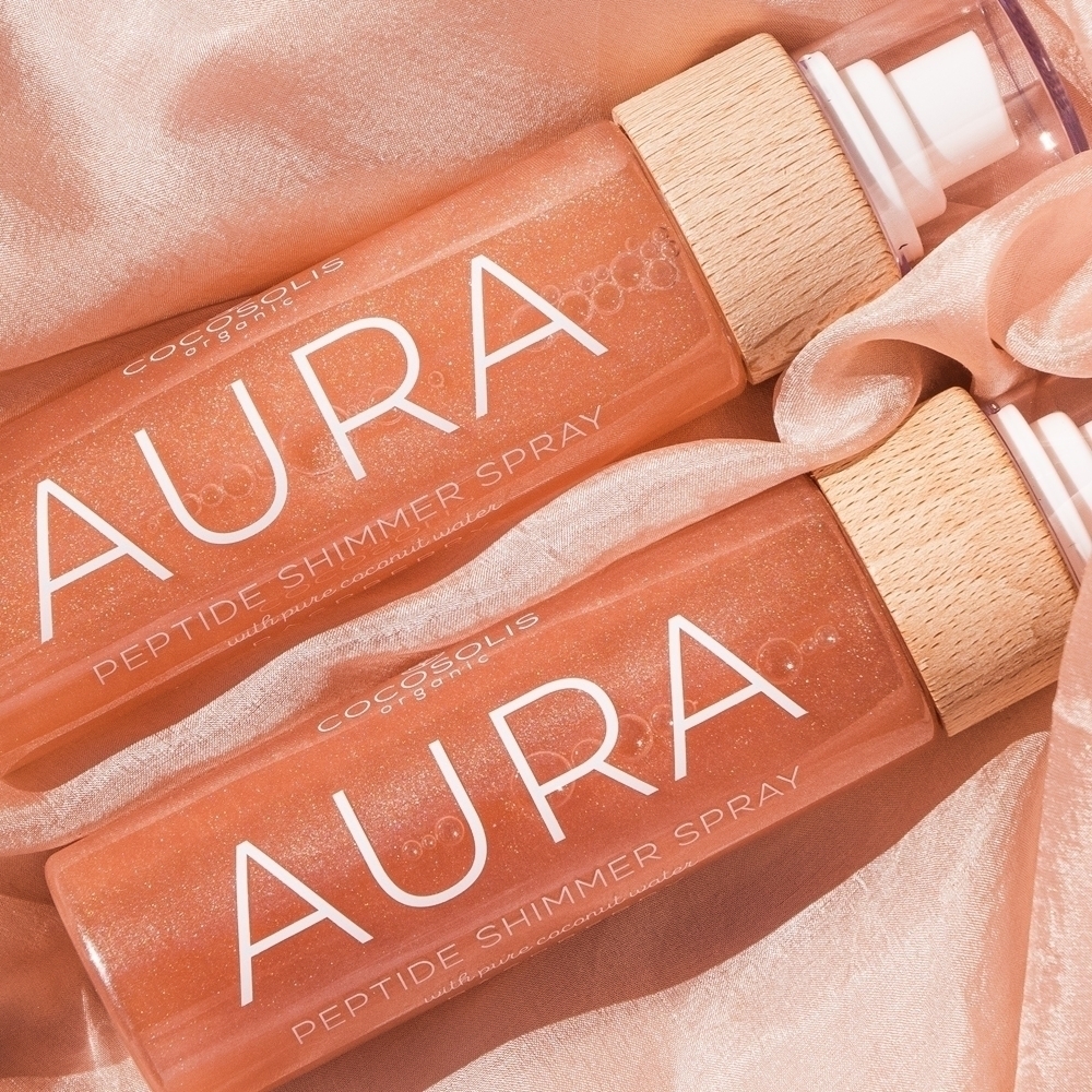 Aura пептидный спрей-шиммер увлажняющий спрей с блестками Cocosolis, aromatas raspberry 100 мл — фото 4